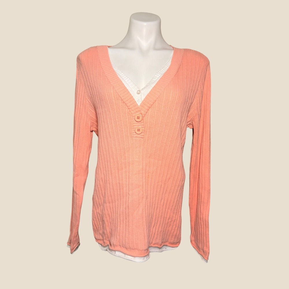 Y2K Axcess Coral Peach Preppy Ribbed Knit Layered Henley Top Coquette #14